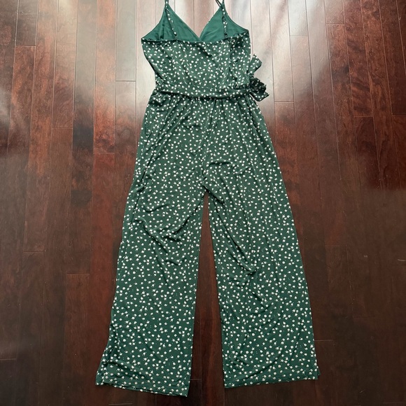 Kaileigh Rochelle Jumpsuit Size XL Dark Green Floral Waist Tie Wide Leg Stretch - Picture 4 of 8